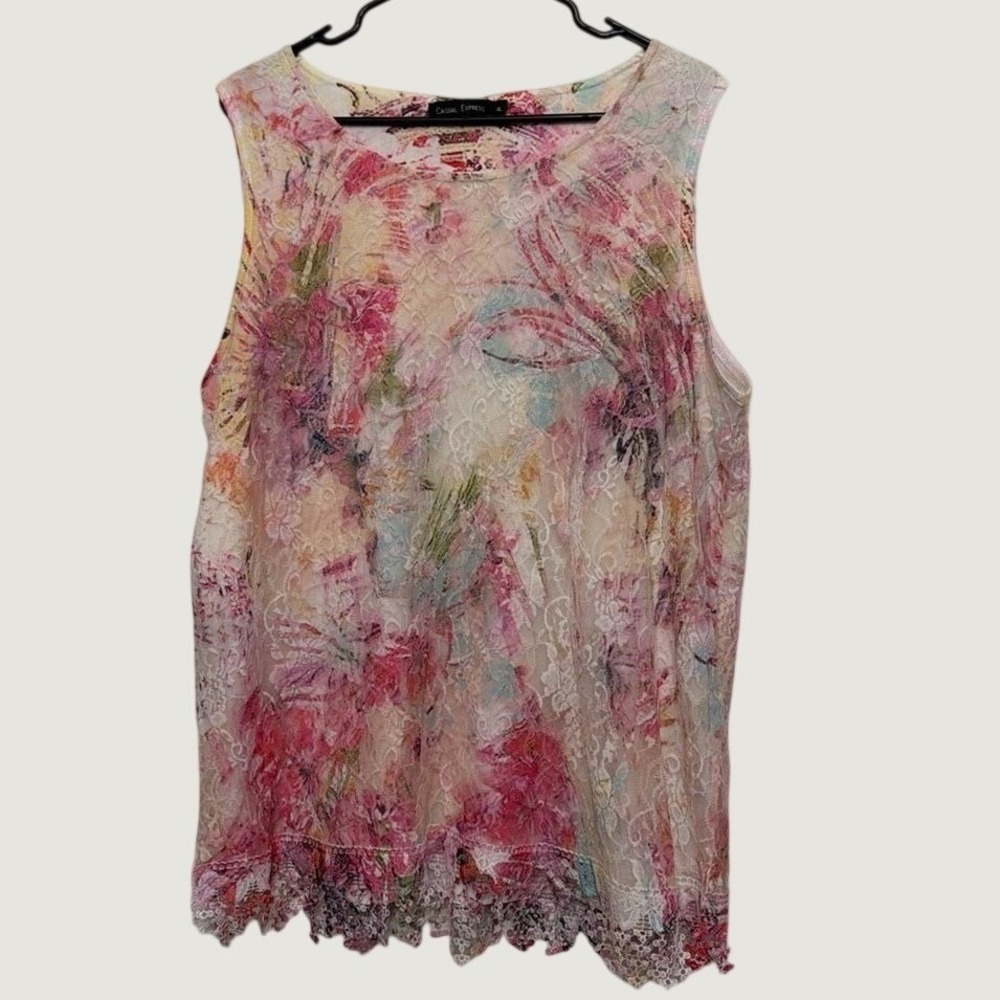 Casual Express Women XL Floral Lace Sleeveless‎ Top Pink Watercolor Crochet Hem